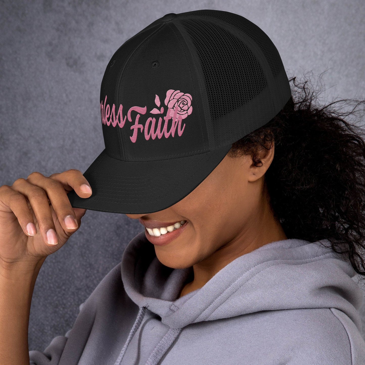 M.A.D Apparel Fearless Faith Pink Rose Edition Christian Trucker Cap